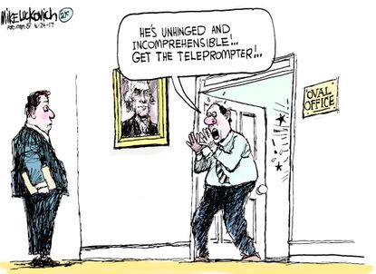 Political cartoon U.S. Trump White House communications teleprompter