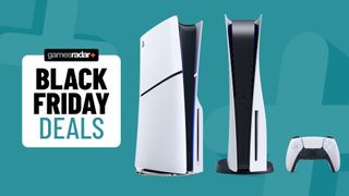PS5 and PS5 Slim on a blue background with Black Friday deals badge