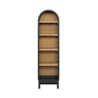 A black arched bookcase with light wood shelves in the middle