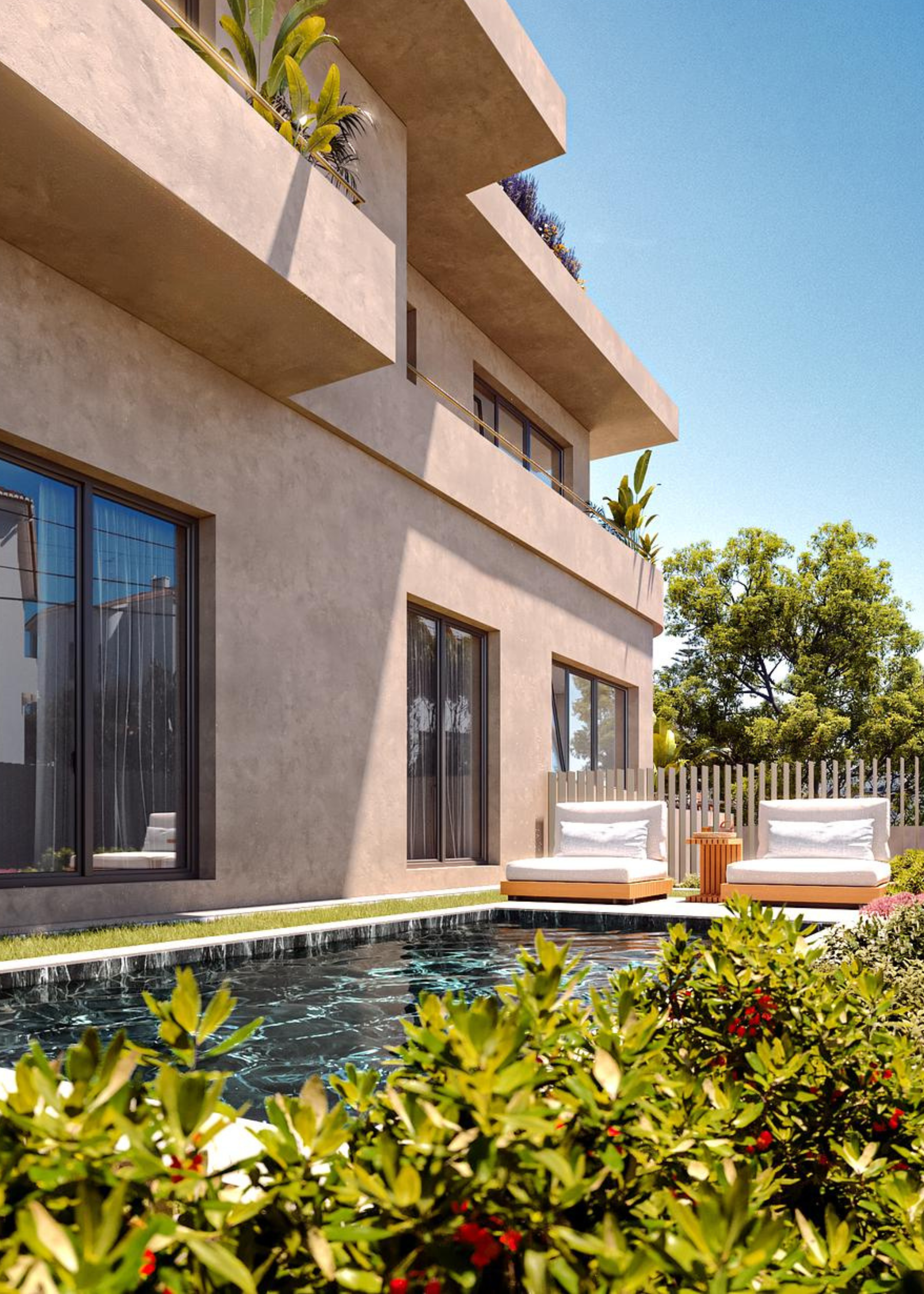 A garden with a pool and a set of outdoor chairs