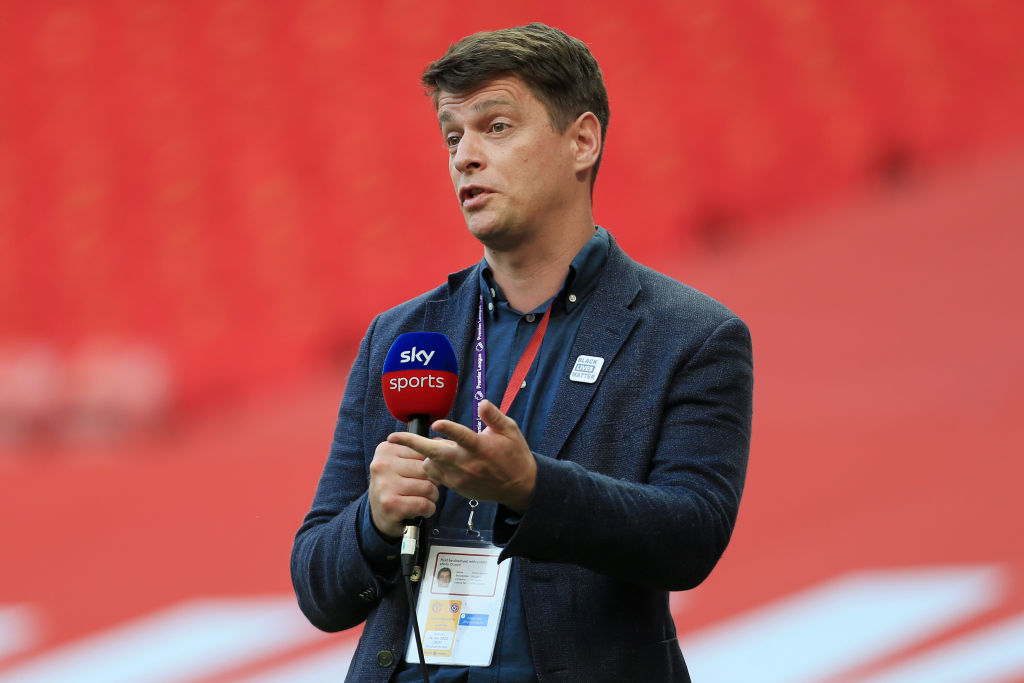 Sky Sports television presenter Patrick Davidson asks questions after the Premier League match between Manchester United and Sheffield United at Old Trafford on June 24, 2020 in Manchester, United Kingdom.