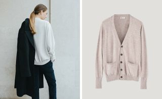 Two side-by-side photos of Connolly fashion pieces. In the first photo a model with a ponytail is wearing a white piece with dark blue trousers and a black coat which is hanging off one shoulder. And the second photo is of a light coloured cardigan with front pockets laid out flat
