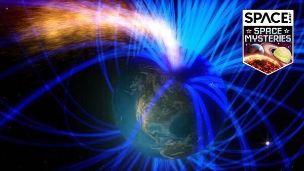 red and blue lines arc out of the north pole of Earth