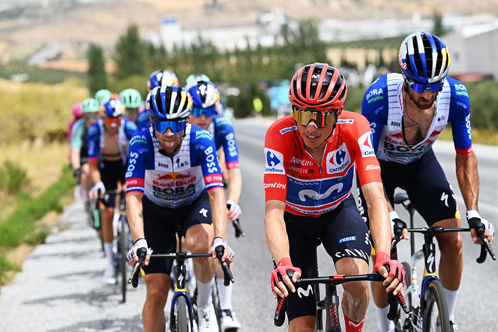 LOJA, SPAIN - SEPTEMBER 04: Enric Mas of Spain and Movistar Team - Red Leader Jersey competes during the La Vuelta - 81st Tour of Spain 2026, Stage 13 a 192.8km stage from Almu&amp;ntilde;ecar to Loja 501m / #UCIWT / on September 04, 2026 in Loja, Spain. (Photo by Tim de Waele/Getty Images)