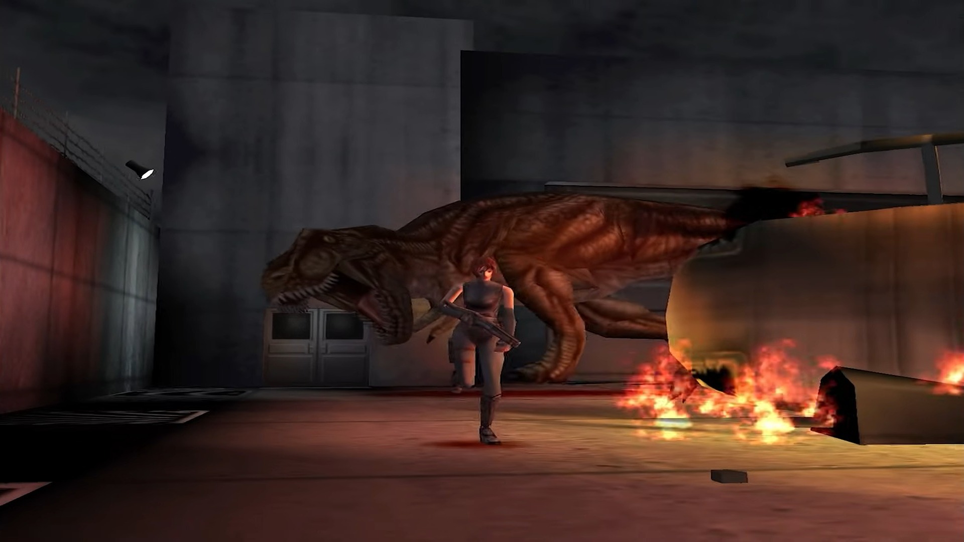 An in-game image of Regina running away from a T-Rex in Dino Crisis.