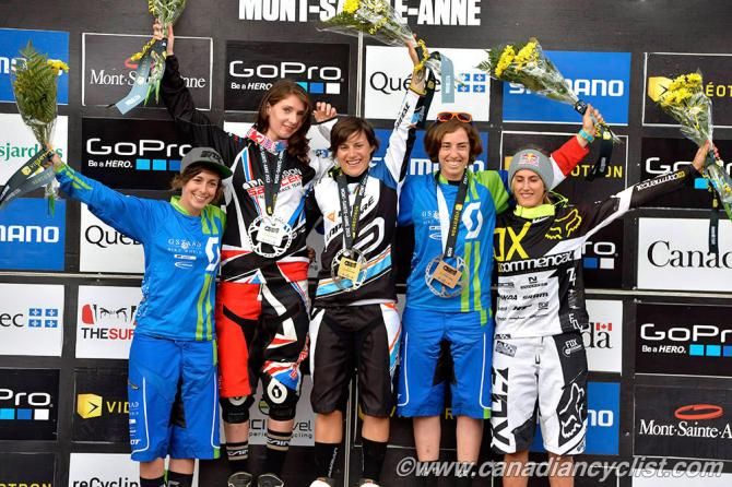 Mont-Sainte-Anne elite women's downhill podium: Podium: Emilie Siegenthaler, Manon Carpenter, Emmeline Ragot, Floriane Pugin, Myriam Nicole