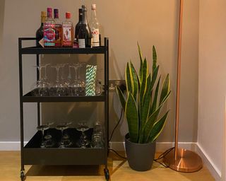 Louise's bar cart with glasses and liquor