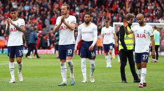 Tottenham players applaud their fans after the 4-3 loss to Liverpool as Lucas Moura apologises for his late error at Anfield in April 2023.