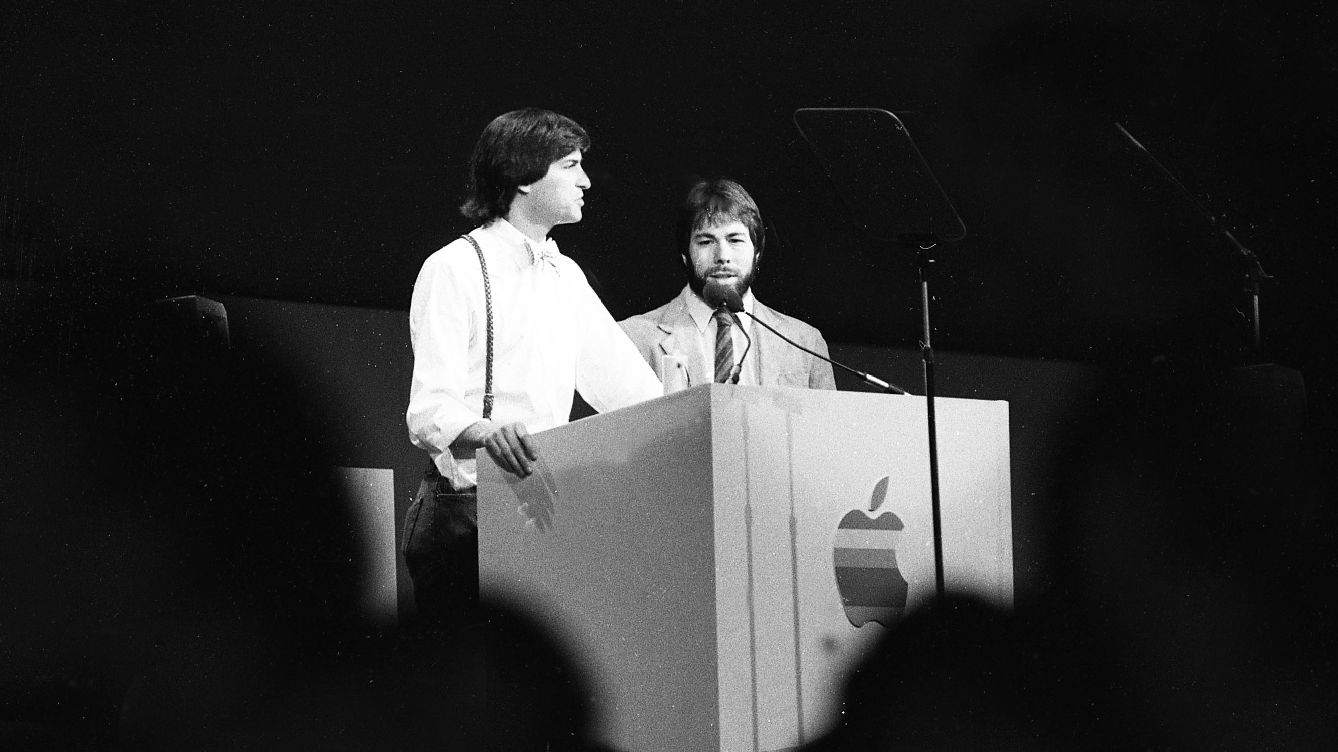 April 23, 1984: Apple executives Steve Jobs and Steve Wozniak at a podium during the "Apple II Forever" event at Moscone Center in San Francisco.