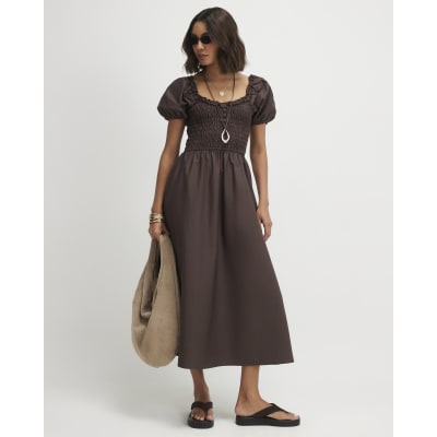 Brown Cotton Shirred Midi Dress
