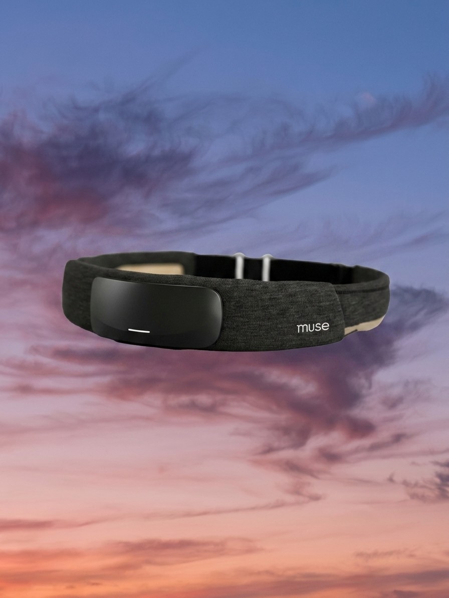The Muse.S Athena Sleep headband against a blue night sky, edited by Gemini