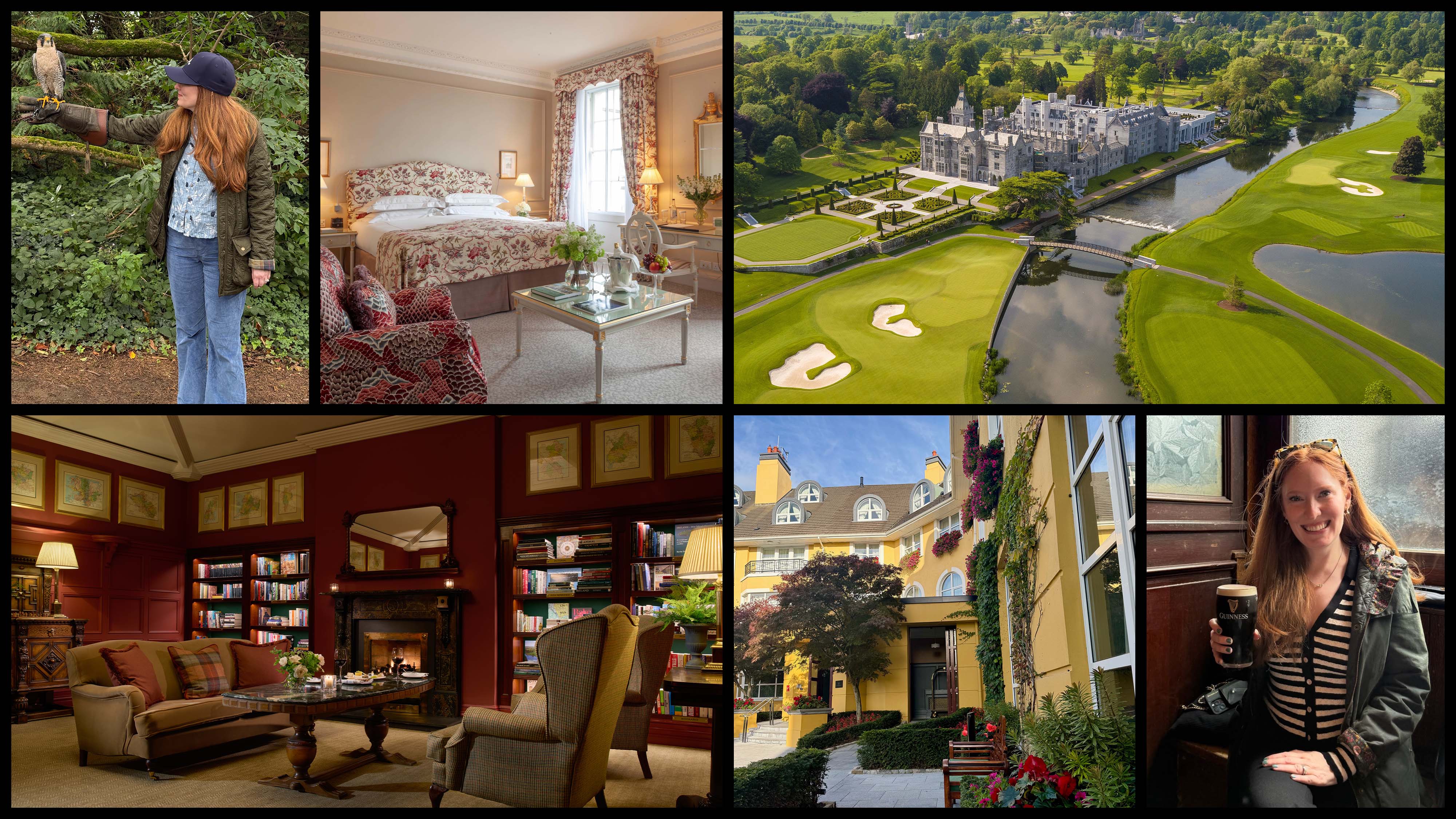 Kristin Contino holding a falcon on her arm, a hotel room, an aerial photo of Adare Manor surrounded by a golf course, a library with a fireplace, the exterior of a yellow hotel with flowers, Kristin Contino holding a Guinness