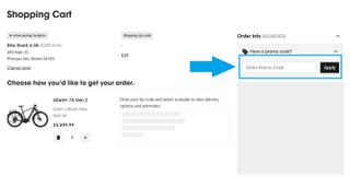 The Trek checkout page with a blue box highlighting the location of the trek promo codes box