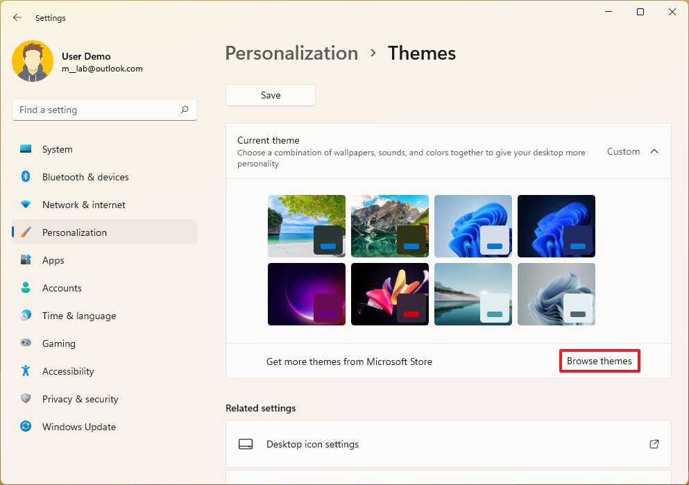 Open Microsoft Store themes section