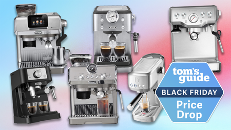 a composite image on a blue and pink background with de'longhi espresso machines, breville espresso machines, and a casabrews espresso machine and a tom's guide black friday deals badge
