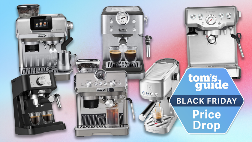 a composite image on a blue and pink background with de'longhi espresso machines, breville espresso machines, and a casabrews espresso machine and a tom's guide black friday deals badge