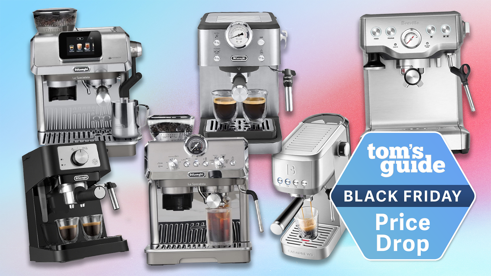 a composite image on a blue and pink background with de&#039;longhi espresso machines, breville espresso machines, and a casabrews espresso machine and a tom&#039;s guide black friday deals badge
