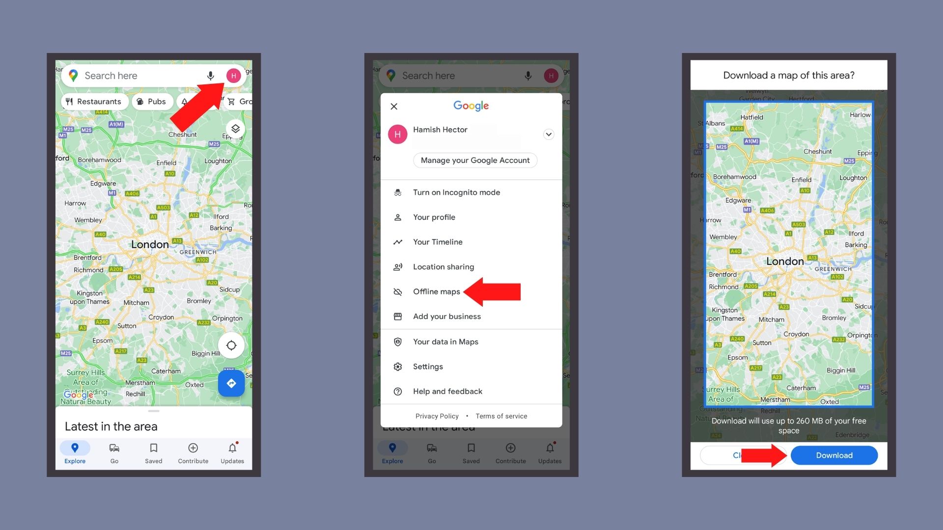 Gambar tiga bagian yang menunjukkan langkah-langkah utama yang harus Anda ikuti untuk membuat Google Map offline