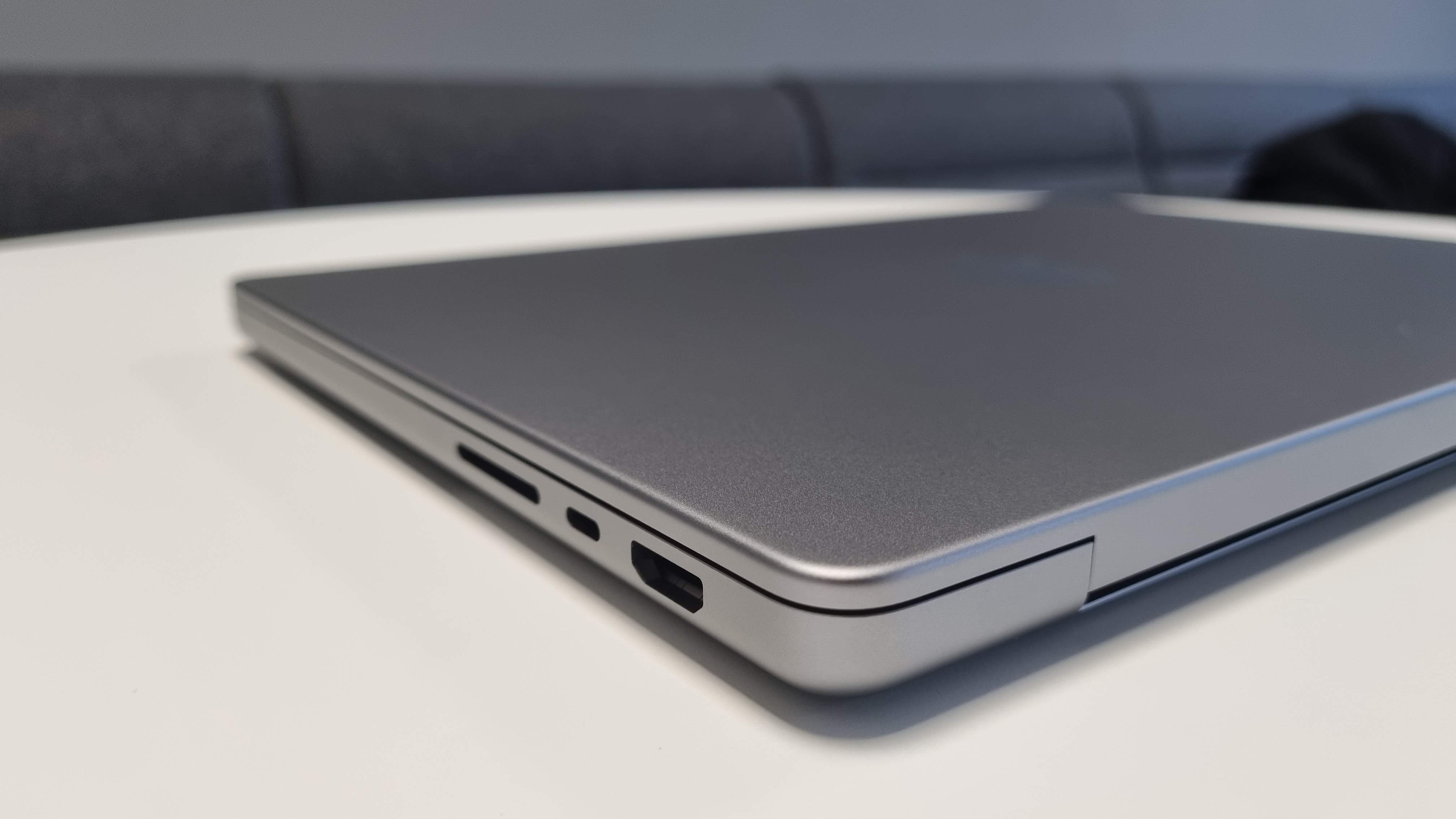 MacBook Pro 14-inch on a table in an officeMacBook Pro 14-inch on a table in an office focusing on the ports