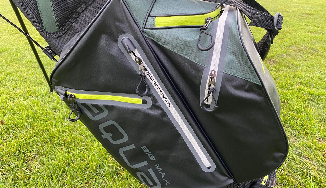 A close up of the pockets of the Big Max Aqua Eight G Stand Bag