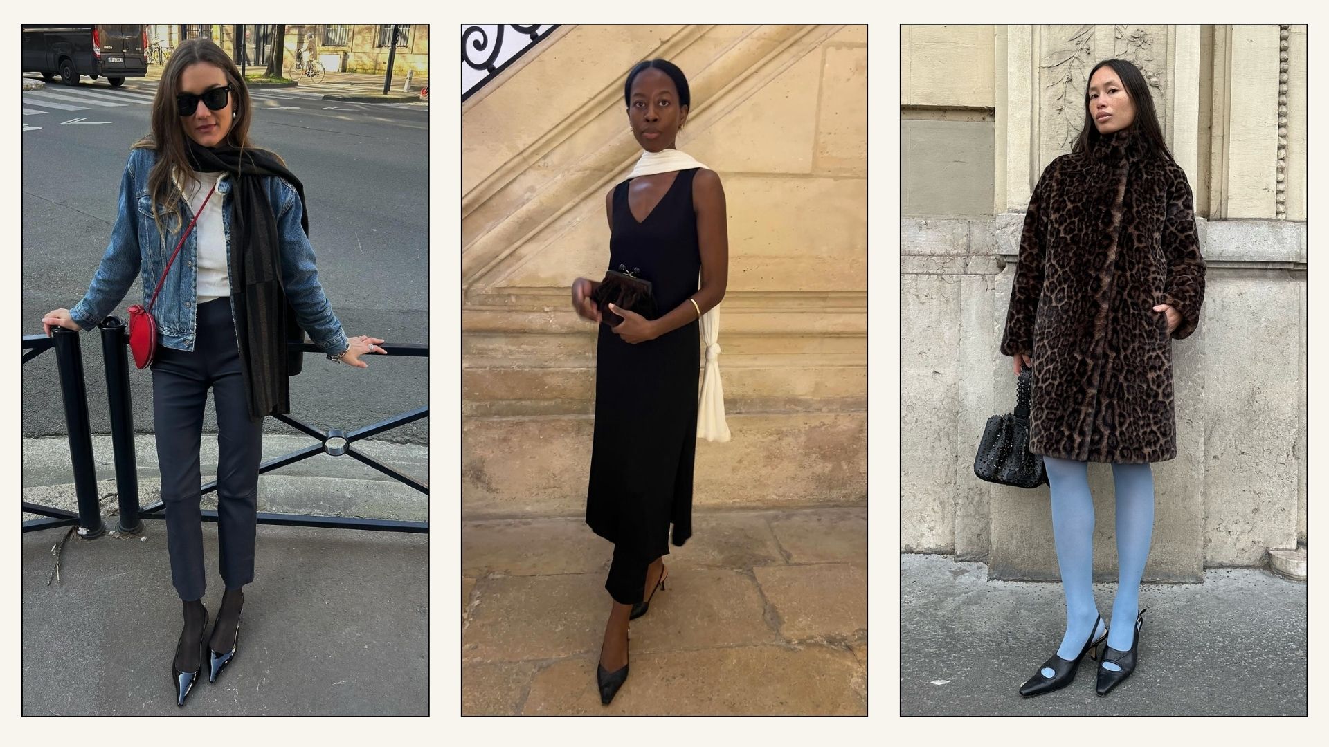 Collage of influencers wearing pointed-toe slingback heels.