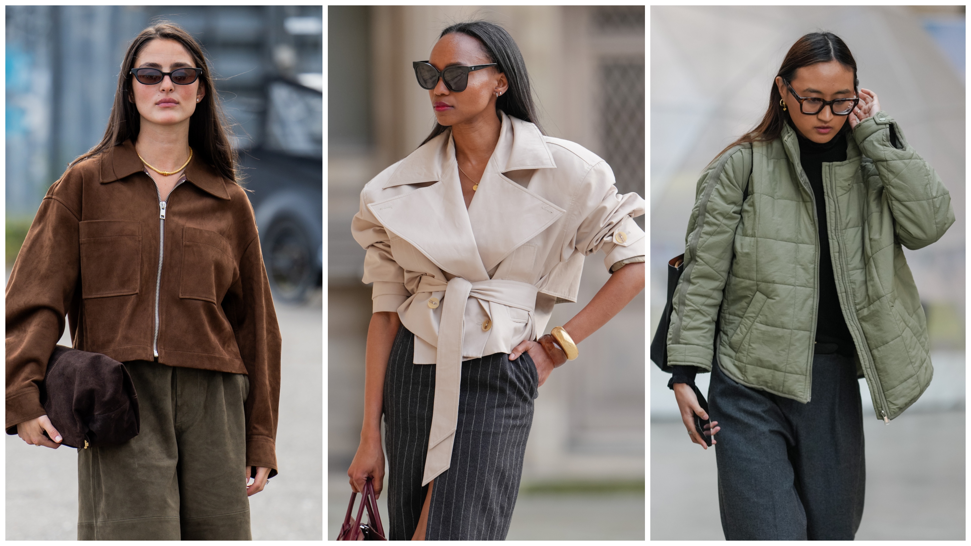 collage of women wearing fall jackets (sueded jackets, trench coats, quilted jackets) 