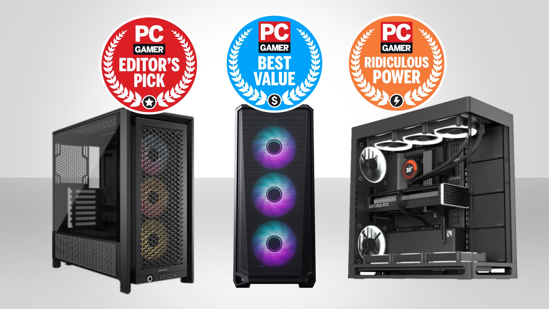Three gaming PC cases underneath badges showing the Editor's Pick, Best Value, and Ridiculous Power categories