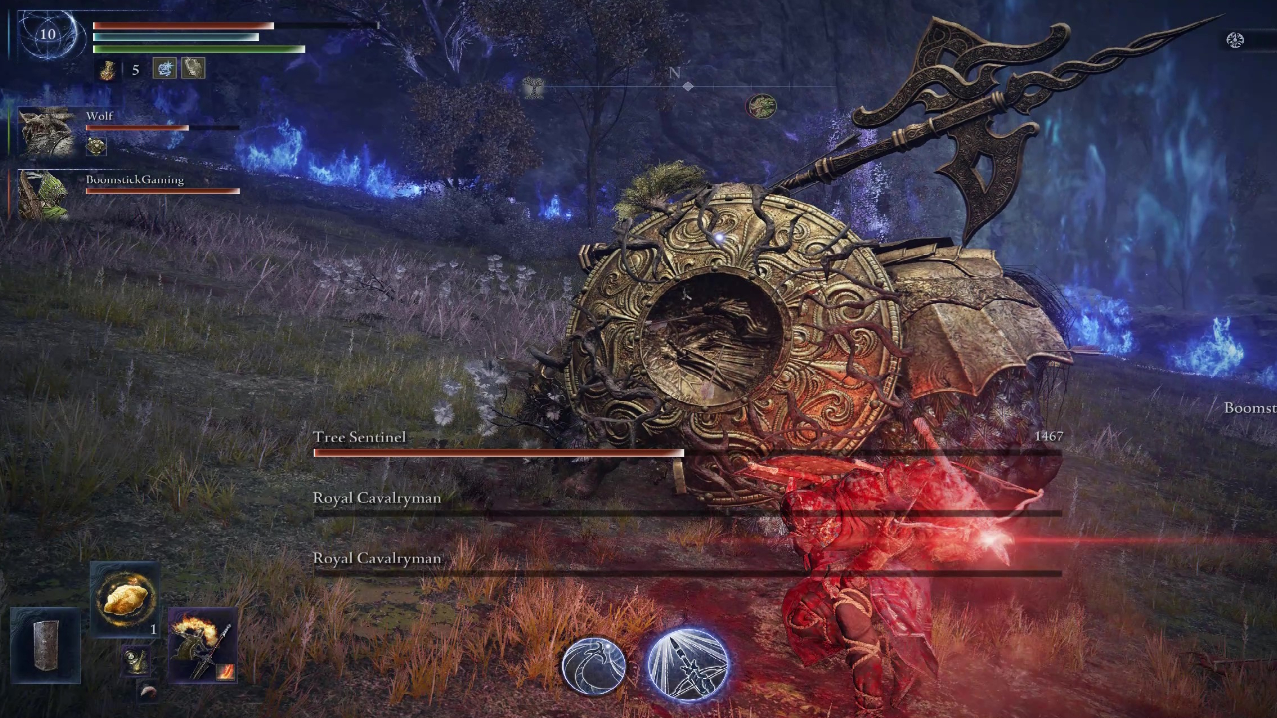 Elden Ring Nightreign Wylder build: Wylder charging up his explosive bolt to blast it at a guarding Tree Sentinel boss.