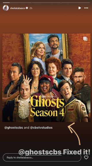 Sheila Carrasco posting about Ghosts Season 4 by adding a peace emoji to her peace sign in the Ghosts poster to make four fingers.