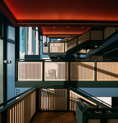 The Academic stairs, diagonally across the façade of the building