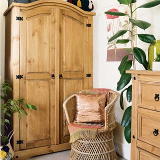 Corner of with classic wooden wardrobe and chest of drawers with cane chair and tall houseplant between