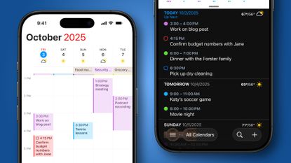 The Fantastical calendar app running on two iPhones.
