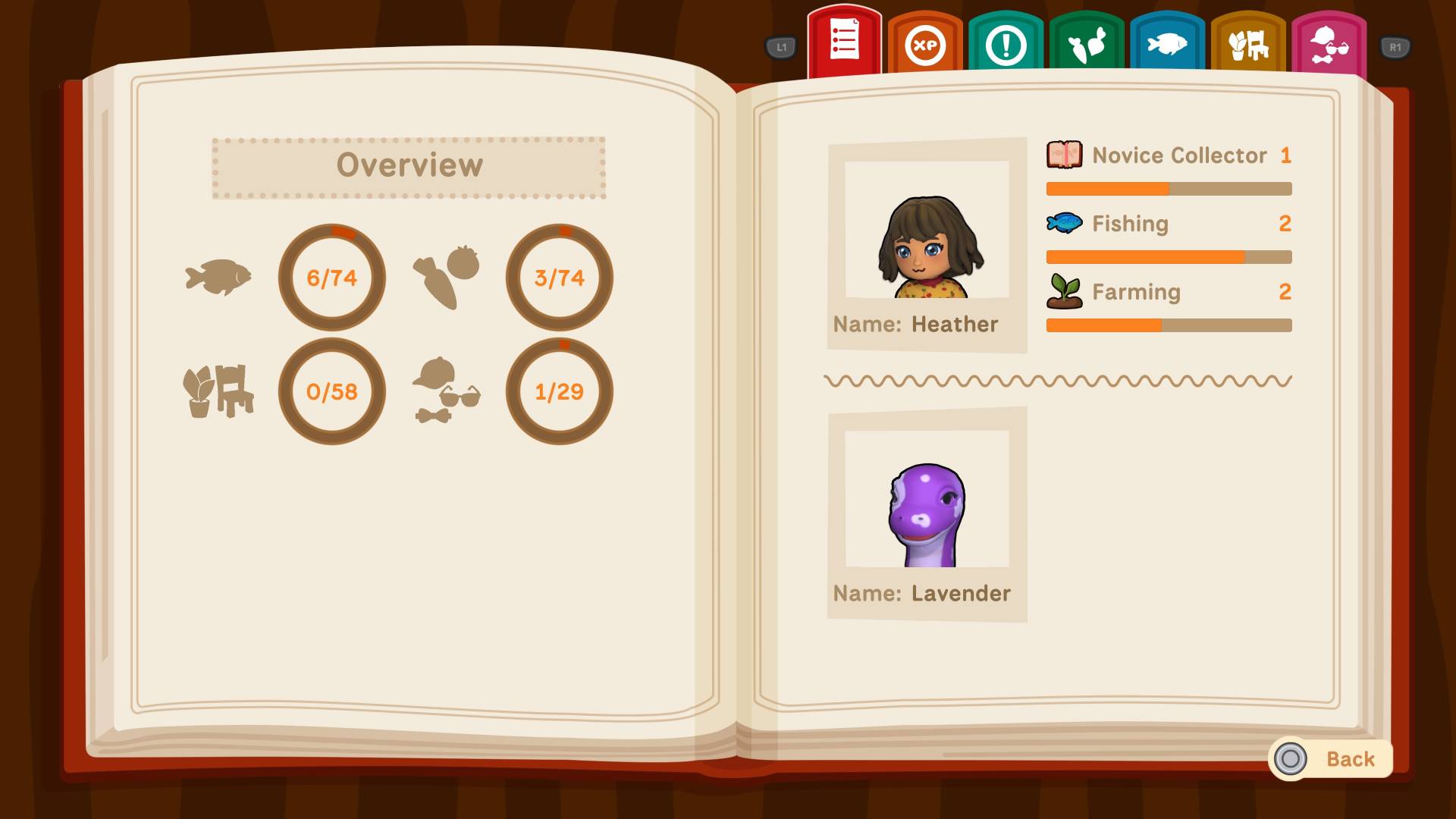 The Collector's Compendium in Collector's Cove, logs all of the crops and fish you've found