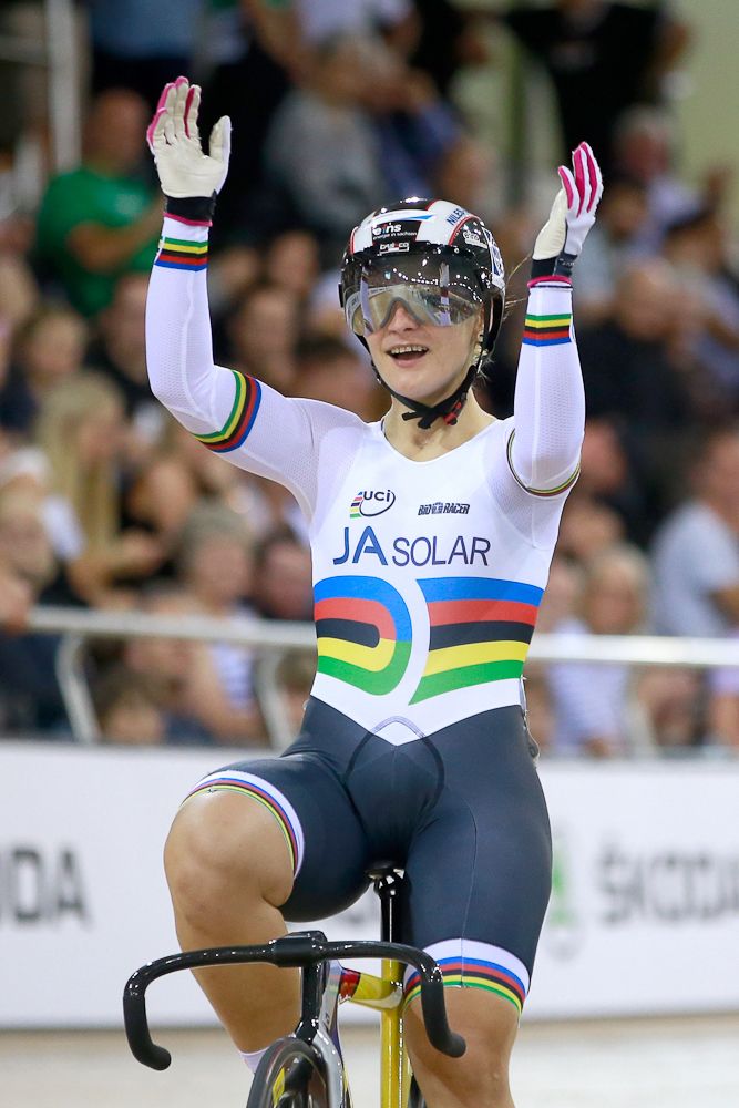 Kristina Vogel of Germany (L) wins the Womens Sprint Final against Stephanie Morton of Australia