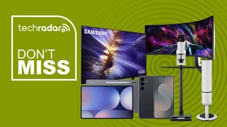 Collage of Samsung AV kit and appliances on a green background.