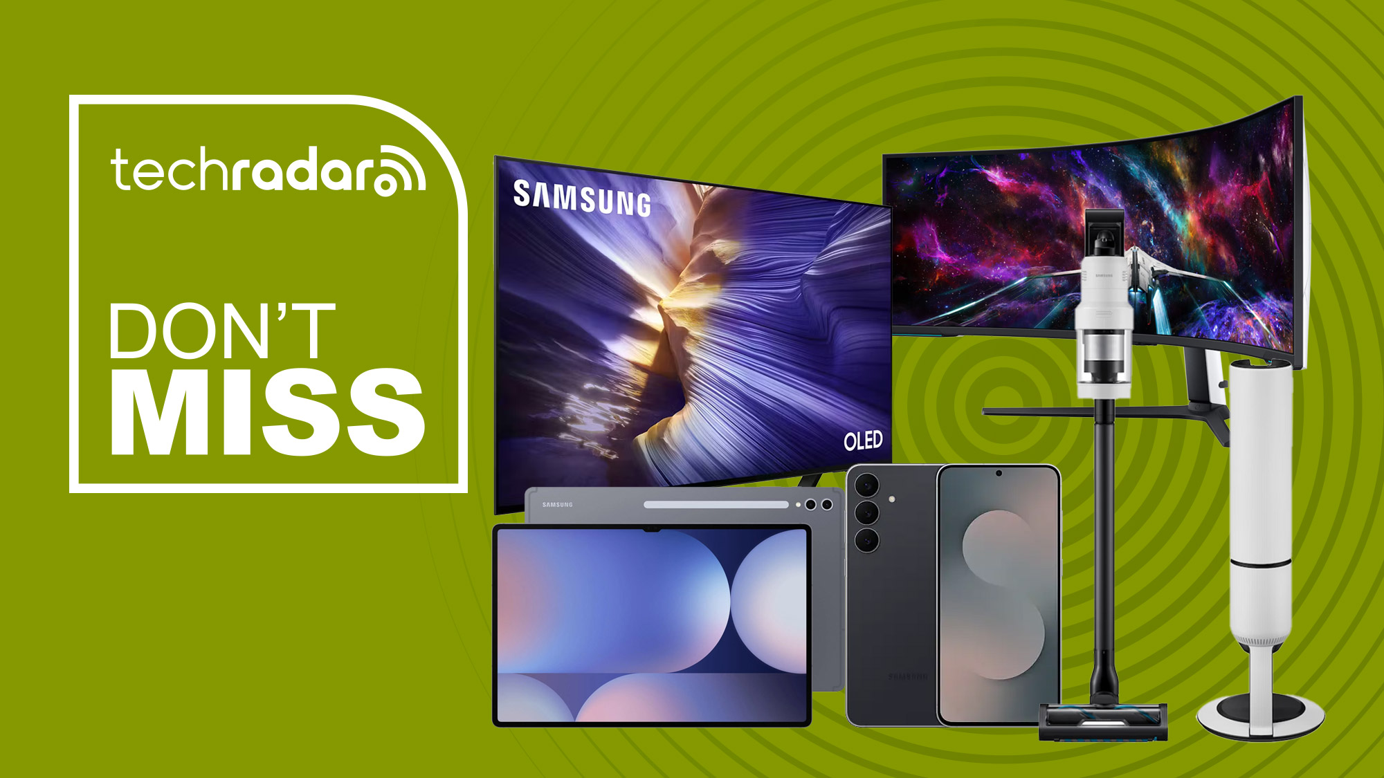 Collage of Samsung AV kit and appliances on a green background.