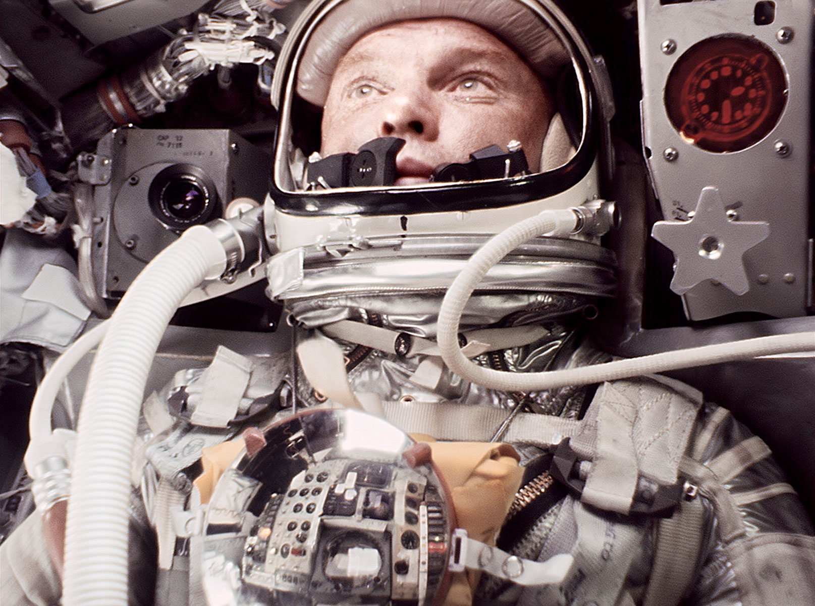 John Glenn in Earth orbit, as never seen before. Newly remastered imagery for the 60th anniversary utilized more than 1,000 image samples to reveal details on Glenn's spacesuit and reflected in his chest-mounted mirror.