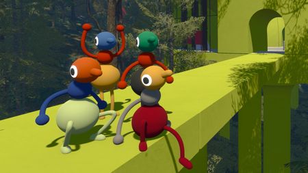Four players on a bridge, one holding up arms, others sitting or crouching