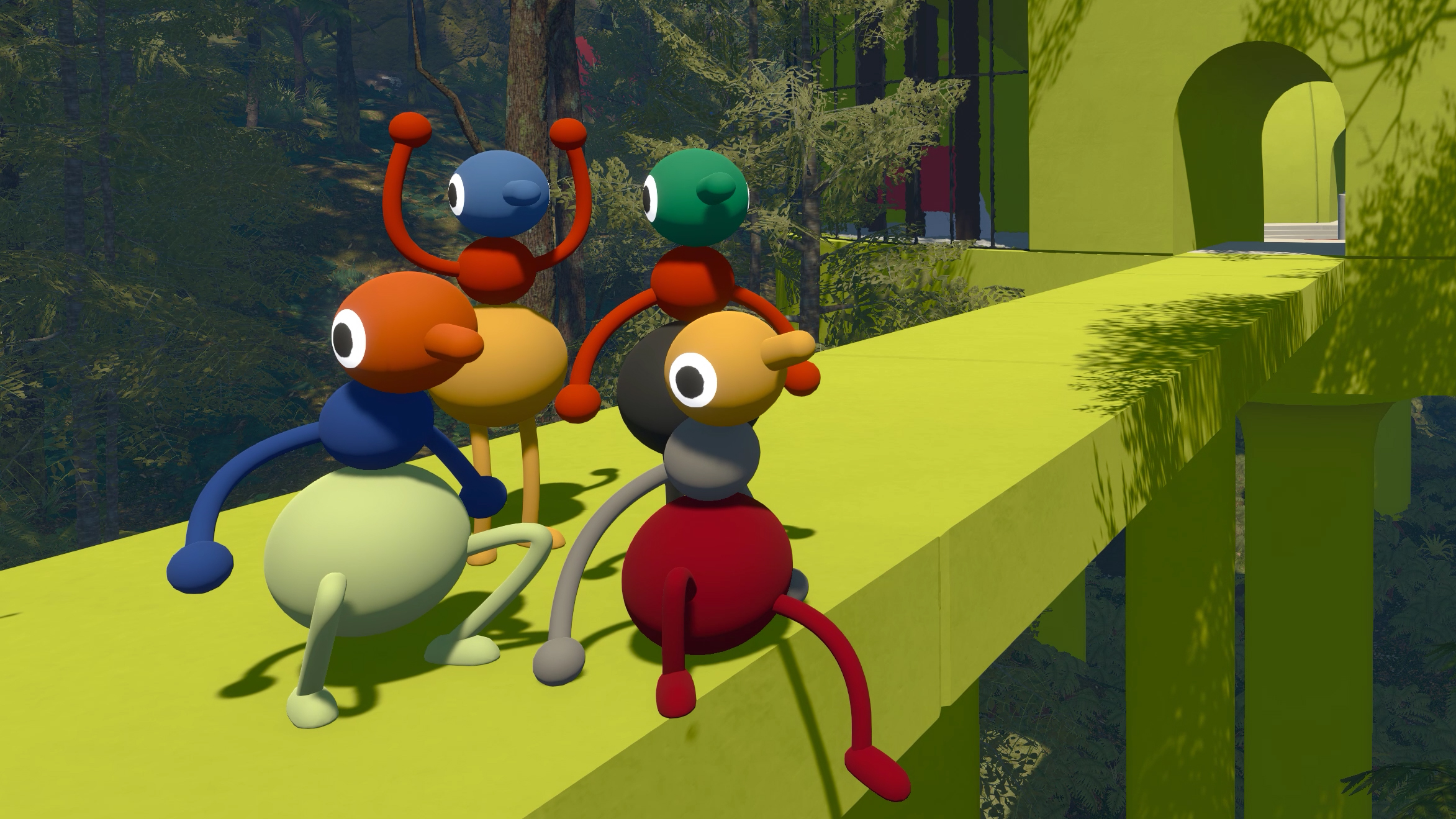 Four players on a bridge, one holding up arms, others sitting or crouching