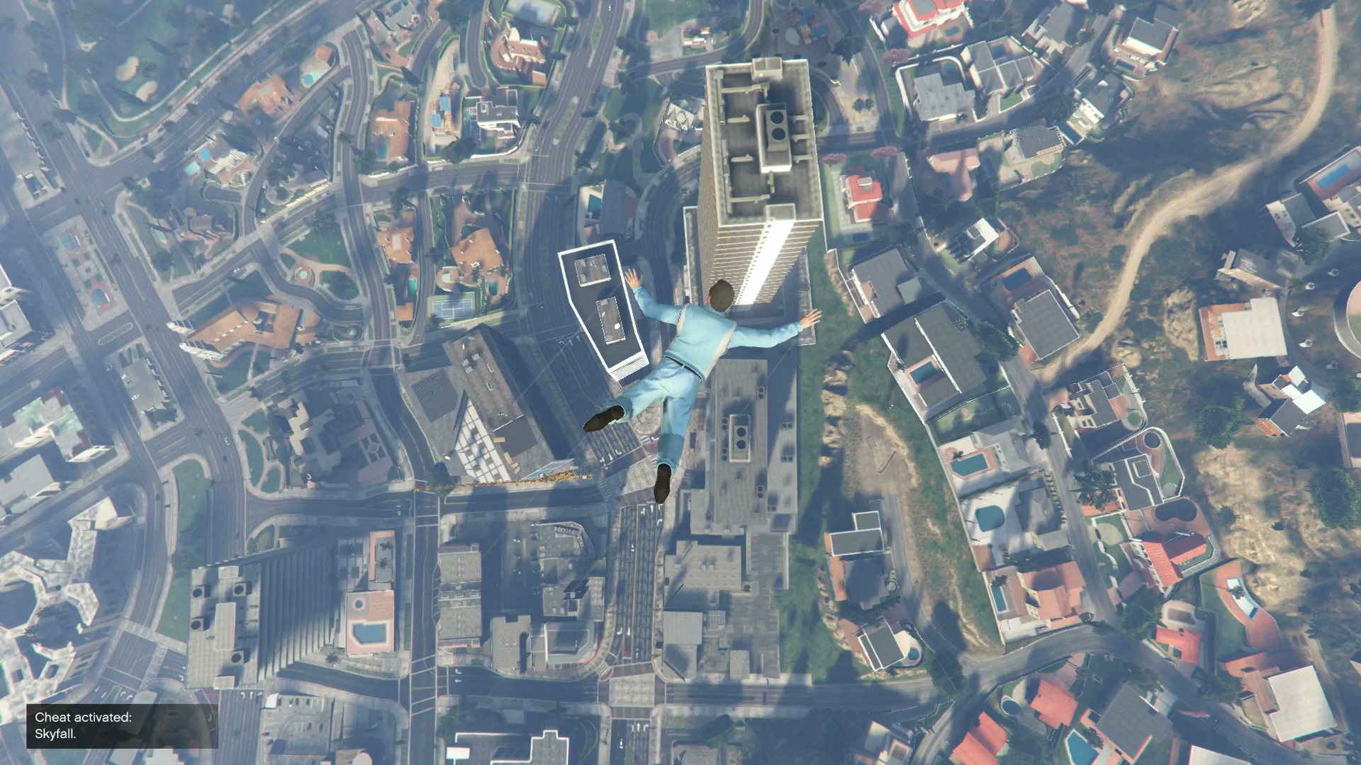 An aerial shot of using the GTA 5 cheats for Skyfall
