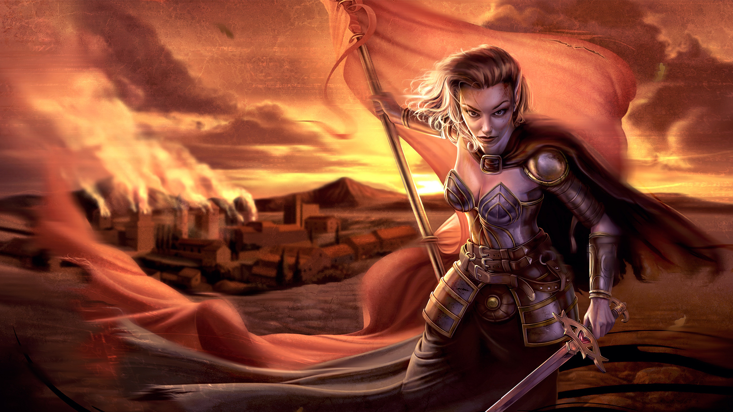 Neverwinter Nights Aribeth de Tylmarande holding a sword and flag