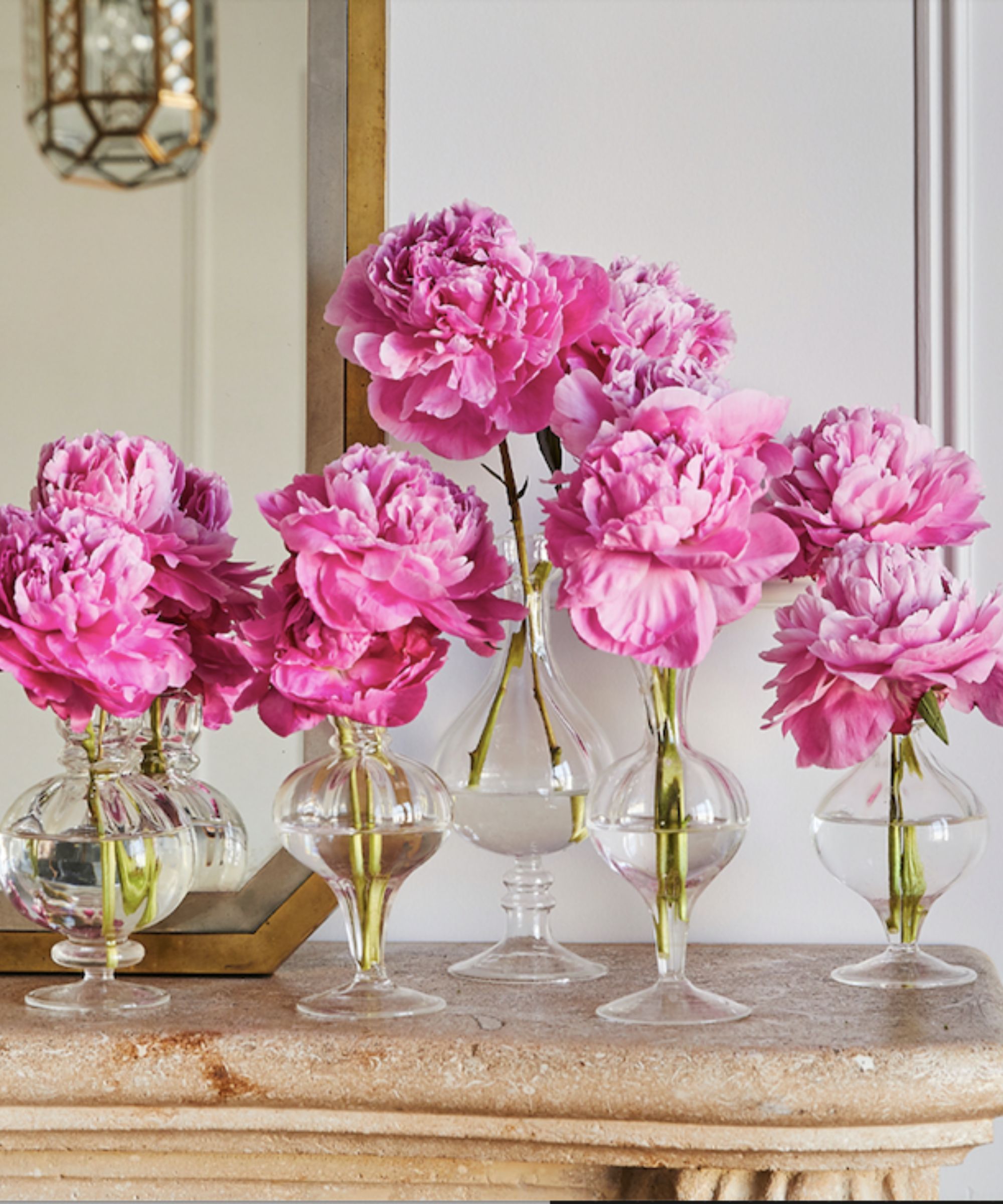 bright pink peonies in glass stemmed bud vases on a mantelpiece