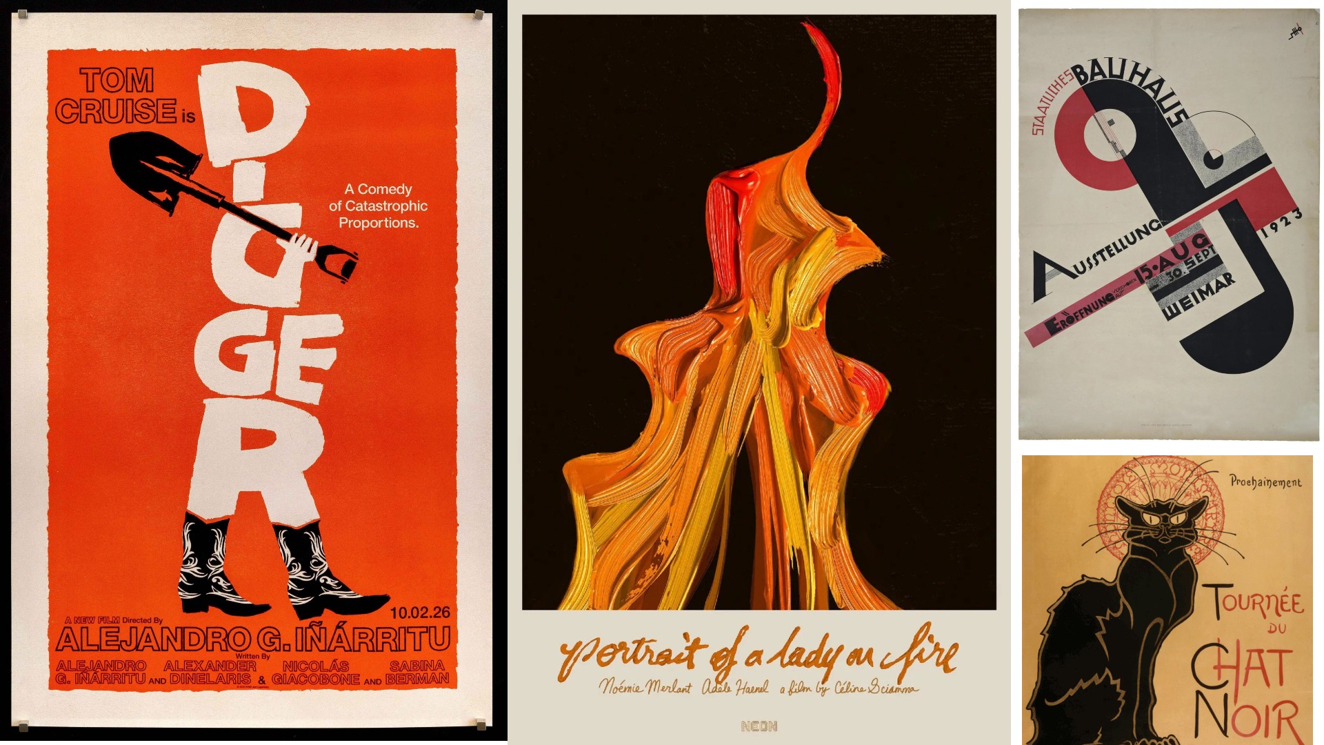 A collage of four posters: movie posters for Digger teaser and Portrait of a Lady on Fire, Joost Schmidt's 1923 Bauhaus exhibition poster and Th&eacute;ophile Steinlen's Le Chat Noir poster