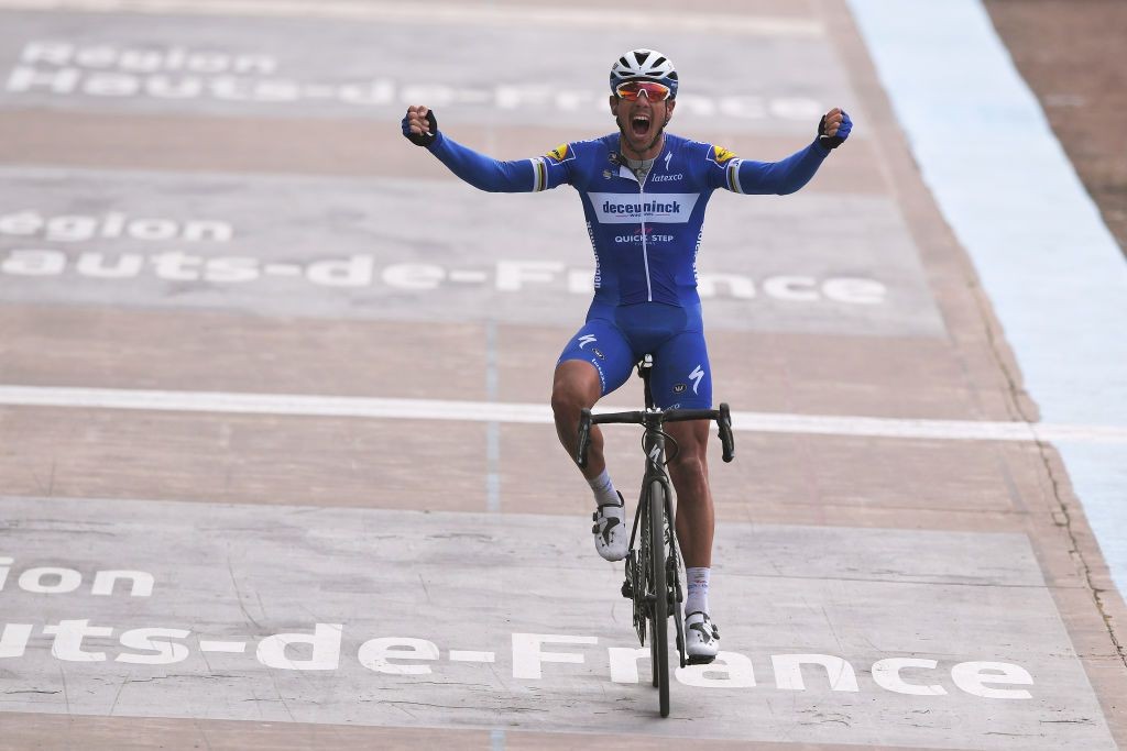 ROUBAIX FRANCE APRIL 14 Arrival Philippe Gilbert of Belgium and Team DeceuninckQuickStep Celebration Track Roubaix Velodrome during the 117th ParisRoubaix a 257km race from Compigne to Roubaix ParisRoubaix ParisRoubaix PRBX LEnfer du Nord on April 14 2019 in Roubaix France Photo by Luc ClaessenGetty Images