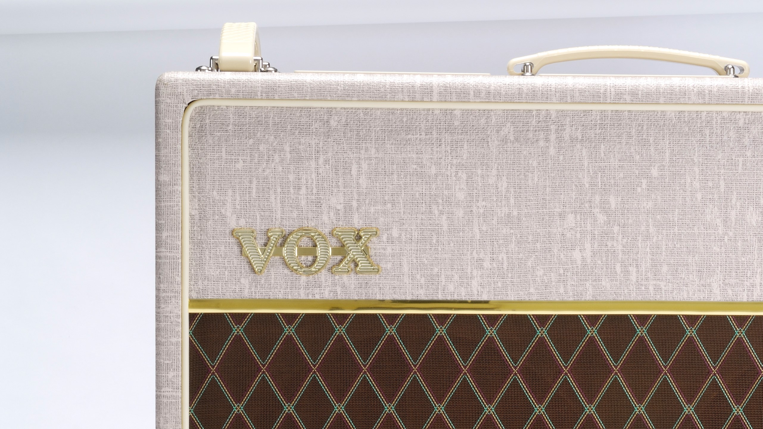 Close up of the logo and top left corner of the Vox AC30HW2X in Fawn