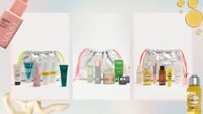 Collage of the three M&S beauty bags on a pastel watercolour background, with cream and oil swatches, the L'Occitane Almond Shower Oil and Arkive The Good Habit Hybrid Oil