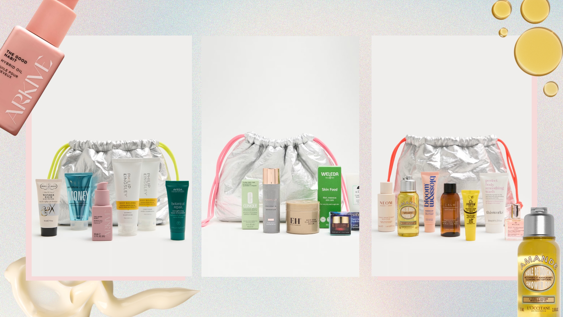 Collage of the three M&amp;S beauty bags on a pastel watercolour background, with cream and oil swatches, the L&#039;Occitane Almond Shower Oil and Arkive The Good Habit Hybrid Oil