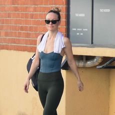 An image of Olivia Wilde wearing khaki leggings whilst attending a Tracy Anderson Method workout class in Los Angeles.