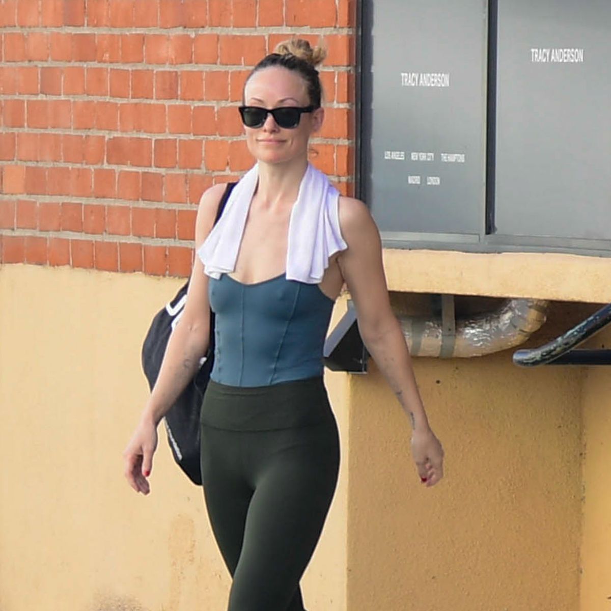 An image of Olivia Wilde wearing khaki leggings whilst attending a Tracy Anderson Method workout class in Los Angeles. 