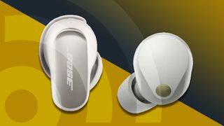 Bose QuietComfort Ultra Earbuds and Sony Wf-1000XM5 on black and yellow background